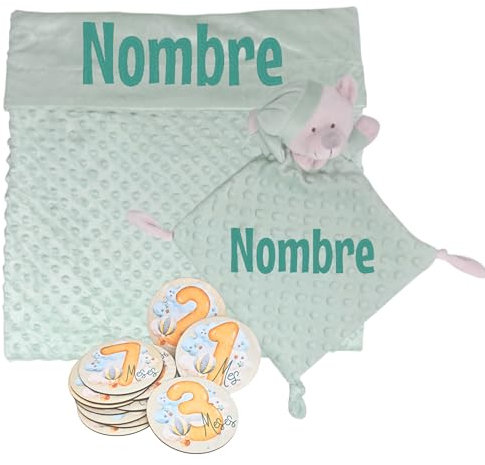 Mababyshop- Set Manta y Dou Dou Burbujas Personalizado y Placas Cumplemes de Madera - Regalo Bordado para Recién Nacido - Regalo para Baby Shower, Bautizo (Verde Myk)