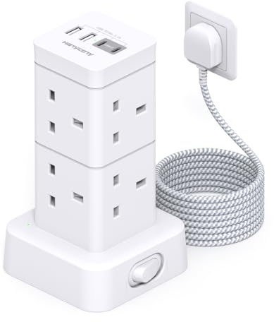 Tower Extension Lead with USB C Slots, 8 Way Outlets Power Strip [13A 3250W], Surge Protected Extension Lead, 3M Extension Cable, Multi Plug Extension Socket for Home Office Bedroom, Desk Accessories