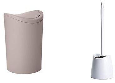 TATAY Poubelle Salle Bain et Brosse Toilettes WC | Poubelle Salle Bain Taupe avec Couvercle à Bascule | Capacité 6L | Brosse Toilettes WC Blanche | Ensemble Résistant et 100% Recyclable