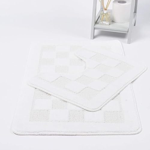 Bella Nights Squares 2 Piece Bath Mat & Pedestal Set – Non Slip & Extra Absorbent – Square Bathroom Toilet Rug Set – Soft Bath Mats for Bathroom Floor (White)