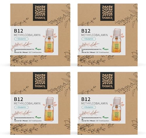 basics Vitamin B12 Methylcobalamin Monatskur, 30 x 10ml Fläschchen - hochdosiertes Vitamin B12 & Glutamin - zur Verringerung von Müdigkeit und Erschöpfung - in Deutschland produziert - 4er Pack