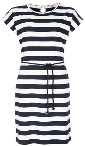 modAS Damen Kleid Kurzarm mit Blockstreifen - Streifenkleid mit Kordelband in der Taille in Blau-Weiß Größe M