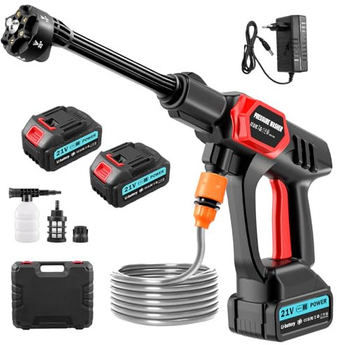 Rondella ad alta pressione a batteria, max 80 bar, 1160 PSI, idropulitrice portatile con batteria 2 x 3000 mA. Spruzzatore di schiuma, ugello multifunzione 6 in 1 e portata fino a 10 metri di ugello