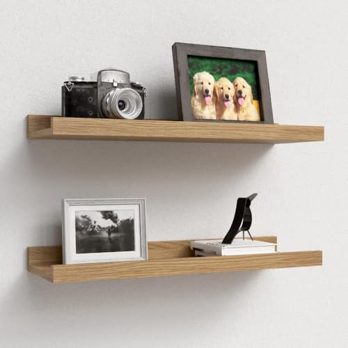 RICHER HOUSE Wandregal Eiche, 90 x 13 cm, Schweberegal aus MDF Holz,2er Set | Bilderleiste, Wandboard, Regal Wand für Fotorahmen und Dekos, Wohnzimmer, Kinderzimmer, Schlafzimmer, Küche, Badezimmerwand