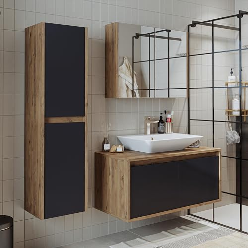 ROOMART • Badmöbel Set •Atlantic • 4 Teilig • 100 cm Unterschrank mit Keramikwaschbecken • Spiegelschrank • Hochscrank (Anthrazit Eiche)