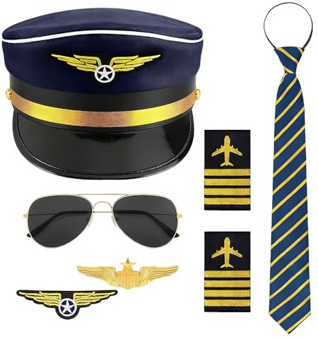 Weciau 7 PCS Pilot Kostüm Zubehör, Kostüm Pilot Herren Kit mit Pilot Kapitän Hut Pin, Abzeichen, Krawatte, Schulterriemen, Sonnenbrille, für Weihnachten Karneval, Halloween Ostern Party