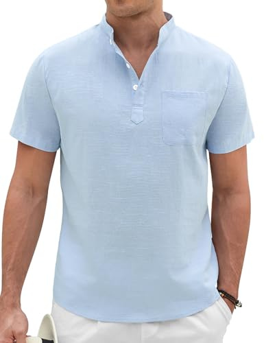 Voqeen Linen Shirts Men Henley T Shirt Casual Short Sleeve Shirts Collarless Button Down Beach Summer Tops with Pocket