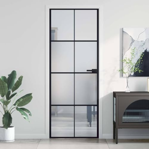 Emmtore Puerta interior delgada negra vidrio y aluminio 76x201,5 cm, 4x2 rejillas