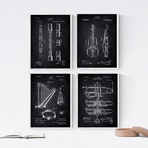 Nacnic Schwarz Musikinstrument Patent Poster 4er-Set. Vintage Stil Wanddekoration Abbildung von Konzert und Alte Erfindungen. Verschiedene musikalische Instrumentsteile Bilder ohne Rahmen. Größe A4.