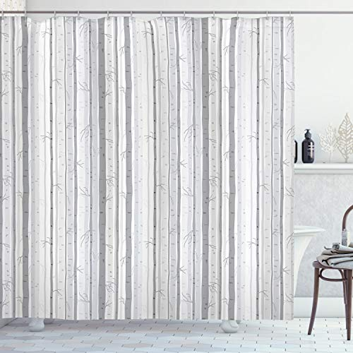 ABAKUHAUS Grau und Weiß Duschvorhang, Birke Woods, Stoffliches Gewebe Badezimmerdekorationsset mit Haken, 175 x 220 cm, Grau Hellgrau Weiß