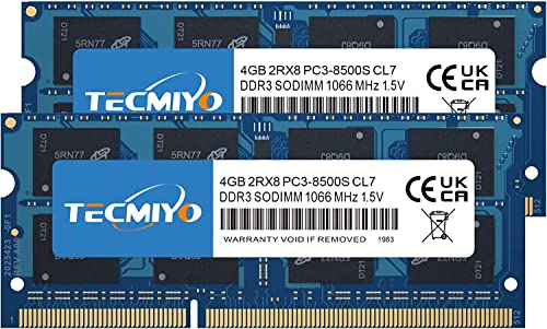 TECMIYO 8GB Kit (2X4GB) DDR3 RAM 1066MHz SODIMM PC3-8500S 204 Pin Unbuffered Non-ECC 1,5 V CL7 Dual Rank 2Rx8 Notebook Laptop RAM Memory Module
