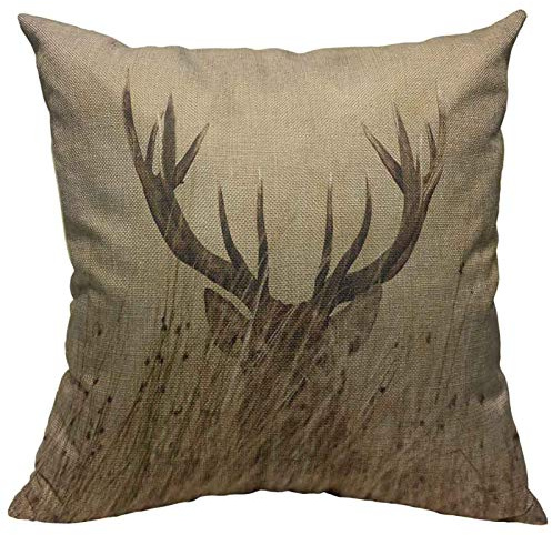 VERSUSWOLF Kissenbezug mit Geweih, Weißschwanz, Hirsch, Rehkitz in Wildnis, Hirsch, Landschaft, ländliche Jagd, braun, Baumwolle, Leinen, dekorativ, quadratisch, 45,7 x 45,7 cm