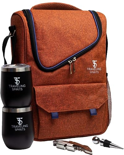 Traveling Spirits Insulated Red Wine Edition Carrier | 2-3 Bottle Wine Travel Bag with Stainless Steel Wine Tumblers | Wine Cooler Bag | Wine Tote for Travel - Great Gift for Wine Lovers, Brown,
