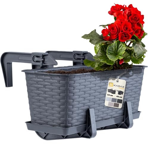 KADAX Blumenkasten 40 cm Grafit mit Halterungen & Untersetzer, Rattan-Optik – Pflanzkasten für Geländer, wetterfester Balkonkasten