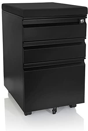 hjh OFFICE 743021 Rollcontainer mit Sitzkissen Color OS Stahl Schwarz Rollschrank mit A4 Hängeregister, abschließbar