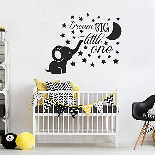 QIANGTOU Elefant Kinderzimmer Wandtattoo Baby Boy Room Decor Dream Big Little One Zitat Wand Vinyl Aufkleber Mond und Sterne Abziehbilder Kinder 91x73cm