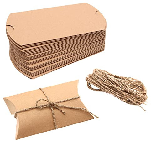 KYYLZ 30 Stück Vintage Kraftpapier Kissen Boxen, Kraftpapier Süßigkeiten Geschenk-Boxen mit String, Kraft Geschenk-Boxen, gelten für Graduierung Party Hochzeit Geburtstag Geschenk