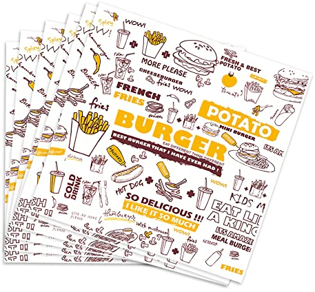 Greaseproof Paper Sheets, 100PCS Baking Wrapping Paper Baking Paper Sheets Food Basket Liners Paper for Deli Breads French Fries Sandwiches Pizza Burgers Hot Dogs (11.22x11.6inch)