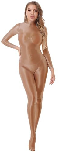 iiniim Damen Body Overall Nylon Langarm Ganzanzug Einteiler Jumpsuit Ballett Trikotanzug Tights Leggings Hose Xa Kaffee M