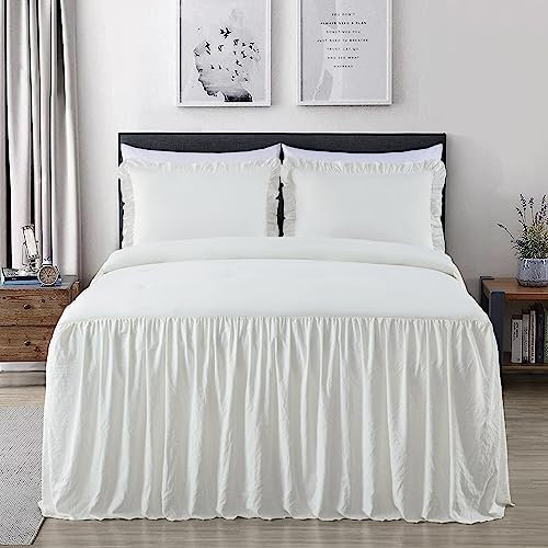 Chezmoi Collection Sinclair 2-teiliges Tagesdecken-Set mit Rüschenrock, französisches Landhaus-Stil, für Doppelbett, elfenbeinfarben