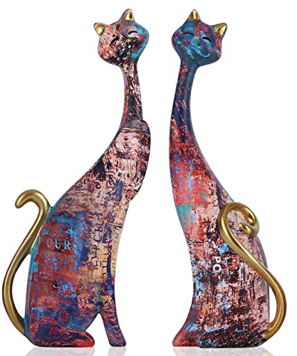 2 Stück Ölgemälde Katzen Statuen Harz Katze Figuren Heimdekoration, Katze Skulptur für Zuhause Büro Dekoration, Paar Katze Statue für Wohnzimmer Bücherregal Schreibtisch Dekoration Hochzeit Geschenk