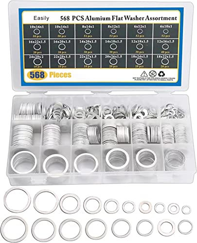 Crush Washer Oil Drain Plug - 568 Pieces 18 Sizes Aluminum Automotive Engine Oil Pan Drain Plug Gasket Assortment Kit (M6 M8 M10 M12 M14 M16 M18 M20 M22 M24)