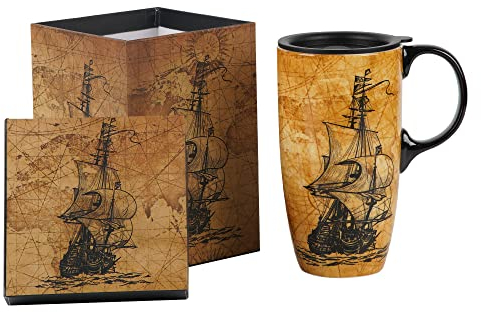 Topadorn Keramik-Kaffeetasse, Reisebecher, Geschenk mit Deckel, 500 ml, Porzellan, hohe Teetasse mit Griff für Zuhause und Büro, Vintage-Voyage & Segelboot, Kunst-Muster, Tasse mit Geschenk-Box, 16,5