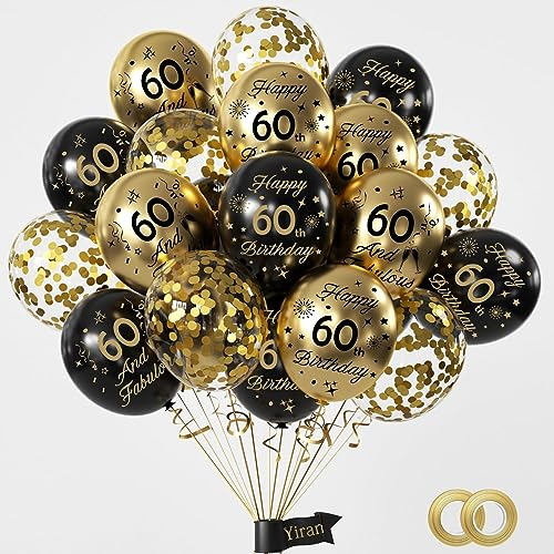Yiran Luftballons 60.Geburtstag Deko,15 Stück 60.Geburtstag Junge Mädchen Schwarz Gold Deko, Happy Birthday Ballons Schwarz Gold Deko, Deko 60.Geburtstag Konfetti Luftballons, Birthday Party Deko