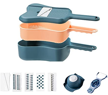 7 in 1 Gemüseschneider Manuell, Multifunktion Zwiebelschneider, Tragbar Gemüsehobel, Küche Würfelschneider mit 440 Edelstahl Klingen, Abtropfkorb, Aufhängeloch, 16 Austauschbare Klingen