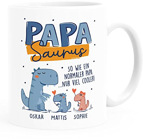 SpecialMe® Tasse Dino Papasaurus Bonus Papa personalisiert mit Namen Geschenke von 1 2 3 4 Kindern Vatertag weiß standard