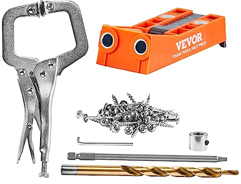 VEVOR Pocket Hole Jig, 56 Pcs Mini Jig Pocket Hole System with 9 C-clamp, Step Drill, Wrench, Drill Stop Ring, Square Drive Bit, and Screws, for DIY Carpentry Projects