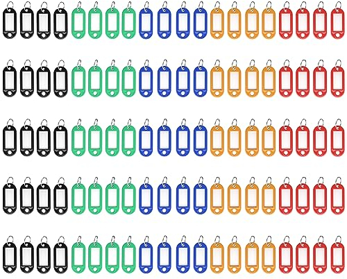 ACROPAQ Porte Clef Etiquette - 5 couleurs assorties - Lot porte clé de 100 - Identifiants, badges et étiquettes - Etiquette porte clef en plastique - Porte-clés avec anneau