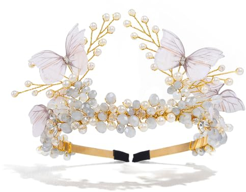 Vakkery Schmetterling Haarreif Gold Perle Braut Krone Kristall Haarschmuck für Damen und Mädchen