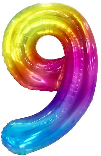 FUNFEST 100 cm Regenbogen-Luftballons zum 9. Geburtstag – Geburtstagsballon-Dekoration – inklusive XL-Ballon zum 9. Geburtstag und Strohhalm – Fliegen mit Helium