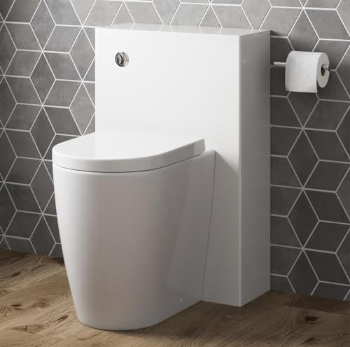 Baystone® Modern Bathroom Cloakroom Back to Wall BTW Toilet WC 500mm Furniture Unit D Shape Pan Soft Close Seat, Dual Flush Cistern, White Gloss