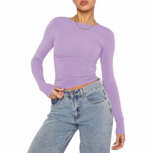 OYIGELZ Maglietta da donna a maniche lunghe con scollo rotondo, slim fit, Y2K, basic crop top, casual, streetwear t Shirt, Viola chiaro-06, S