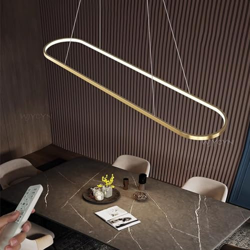WJYCYN Dimmbar Oval LED Kronleuchter Pendelleuchte moderner Esstisch Büro mit Fernbedienung ring Hängelampe höhenverstellbar Blendfreesszimmer Arbeitszimmer Wohnzimmer Kücheleuchte B:Gold L120cm 52W