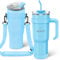MOMSIV Gobelet de 1100 ml avec poignée et paille, tasse à café isotherme à double paroi en acier inoxydable étanche pour boissons chaudes et glacées, bleu avec porte-gobelet