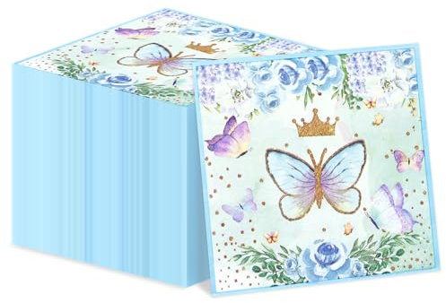 100 Stück Schmetterlingsservietten, 33 x 33 cm, blaue Papierservietten, Frühlingsblumen, Party-Servietten, dekorative Papierservietten für Hochzeit, Blumen, Frühling, Schmetterling,
