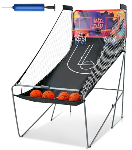 LIFEZEAL Basketball-Arcade-Spiel, Faltbar Basketballautomat für 2 Personen, Elektronische Basketballwurfmaschine mit 2 Basketballkörbe, 8 Spielmodi & Zähler, 4 Bälle, 1 Pumpe (Lila)