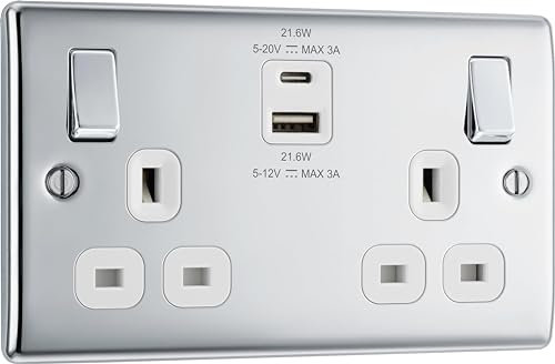 BG Electrical Double Switched Wall Plug Socket with Fast Charge Type A & C USB Charging Ports, Nexus Metal, Polished Chrome, Black Inserts, 13A, 22W, NPC22UAC22B