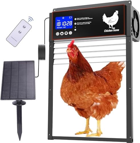 Yoarmyt 2024 Aktualisierung Automatische Hühnerklappe Solar (Leicht zu bedienen), Elektrische Aluminum Hühnerklappe Rolltor mit Großes LCD Display, Hühnertür mit Lichtsensor, Timer, Fernbedienung