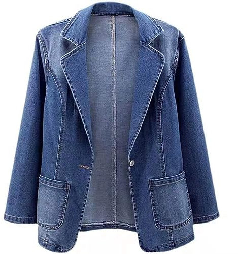 Vestes en jean pour femme - Grande taille - Veste de costume formelle extensible à manches longues - Veste à revers - Couleur unie - Avec poches - Blazer coupe ajustée - Pour le travail et les