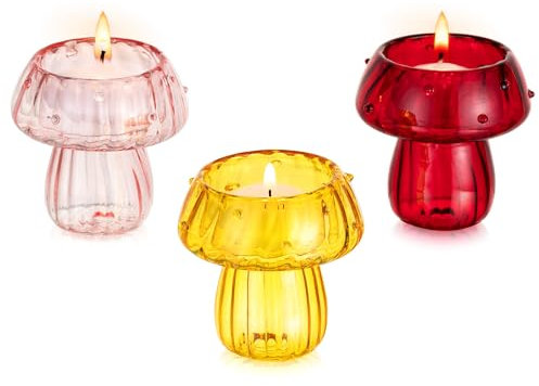 Hewory Pilze Deko Glas Teelichthalter: 3 Stück Pilz Kerzenhalter Dopamine Decor Bunte Teelichter Dekoration Aesthetic für Cottagecore Wohnzimmer Tisch