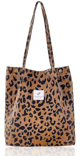 Elegance-go Cord Umhängetasche Damen,Cord Tasche Damen Umhängetasche Groß Schultertasche Canvas Handtasche Shopper für Alltag, Büro, Schulausflug und Einkauf(Leopard)