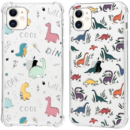 Olgary 2 Stück für iPhone 11 6,1 Zoll Hülle mit Cartoon Dinosaurier Niedlich Muster Durchsichtig Handyhülle Motiv, Transparent Hard PC Stoßfest TPU Bumper Dünn Schutzhülle Case