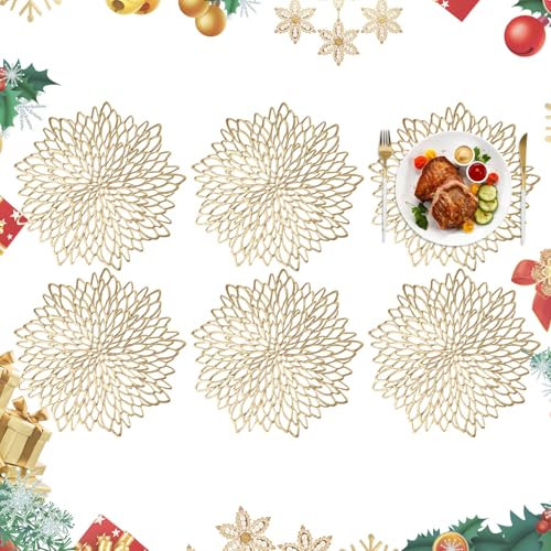 Homcomodar 6PCS Manteles Individuales de Navidad 34cm Dorado Salvamanteles Individuales para Mesa Bajo Platos Posavasos para Navidad Vacaciones Boda Decoración de Cenas