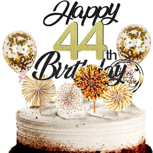 Dalettu Tortendeko 44. Geburtstag Mann Frau, Schwarz Cake Topper Deko 44 Geburtstag Frauen, Cake Topper Happy Birthday Ballon Konfetti und Papierfächer für Geburtstagstorte Deko 44 Jahre Frauen Männer