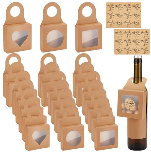 AHANDMAKER 30Pcs Kraft Paper Wine Bottle Box with Window 3 Styles Foldable Wine Candy Boxes With Thank You Sticker Wine Accessory for Gift Giving, Wedding and Christmas Party, Burlywood