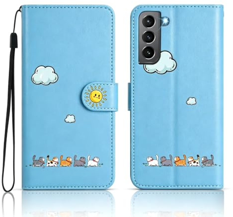Nbziyoo Magnetic Cute Wallet Flip Case For Galaxy S22 5G,Blue | Cute Cat wallet flip Cover,stand & card,scratch-proof wear-resistant,drop-proof corner guards,wrist strap
